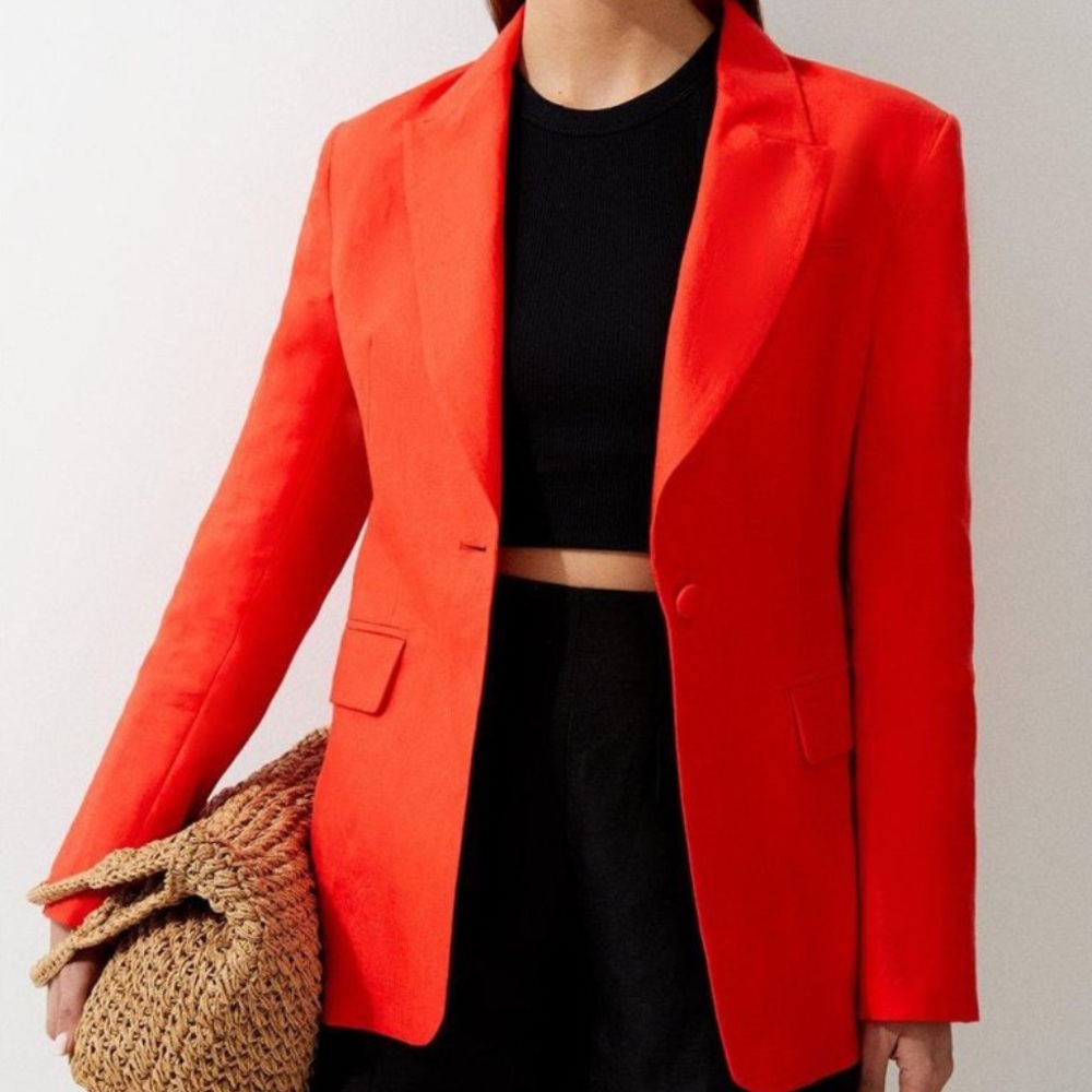 KAREN MILLEN LINEN TAILORED SINGLE BREASTED LONGLINE BLAZER RED - 6